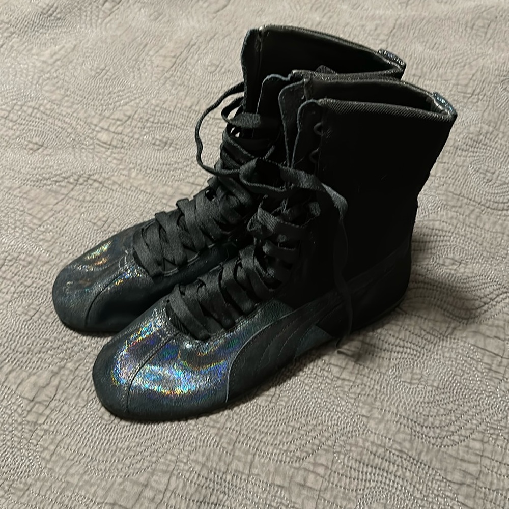 Puma Black/Iridescent lace up high tops/boots, women’s size 10 EUC